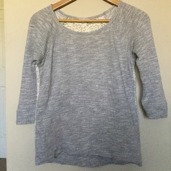 Express Extra Small Heather Gray Baseball Tee with Floral Crochet Back - Picture 6 of 12